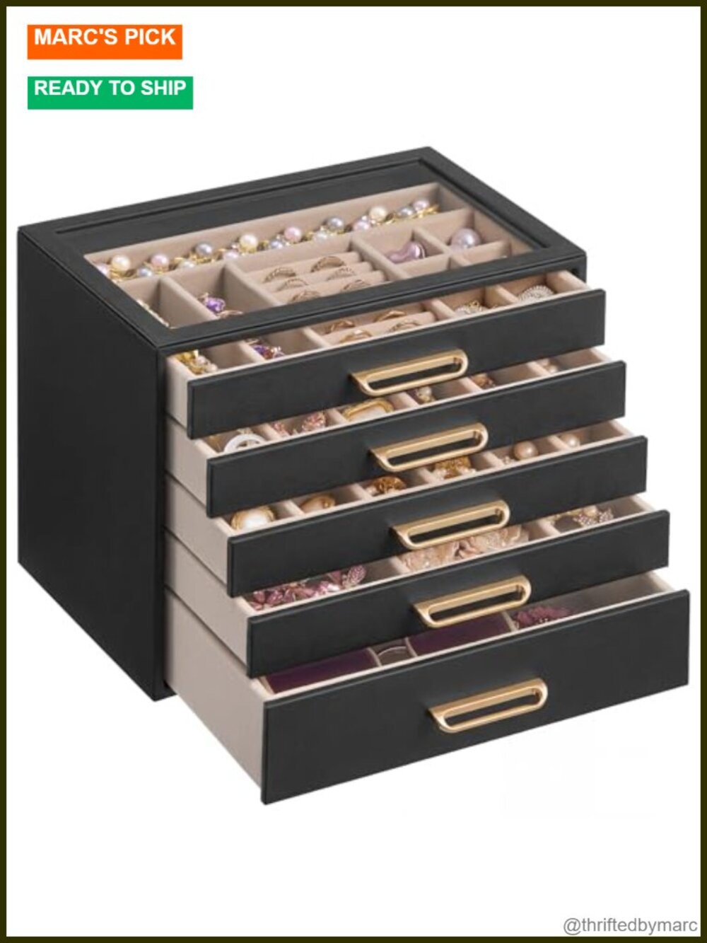 5-Layer Jewelry Box Glass Window 5 Drawers Golden Handles MDF Organizer